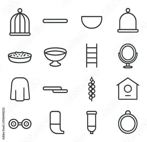 Birdcage icon collection: minimalist linear designs. birdcage, ladder, mirror, birdhouse .