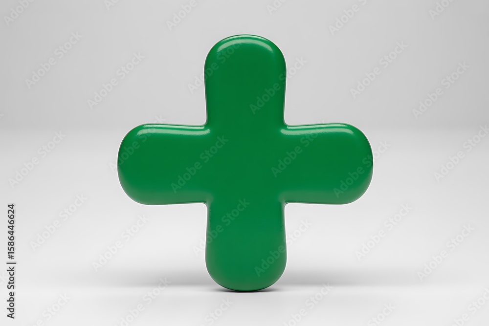 Fototapeta premium Glossy green plus symbol isolated on a clean white background