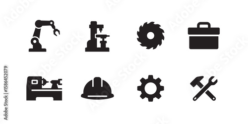 Industrial Tool Icons Set – Robotic Arm, Lathe, Hard Hat & Equipment Symbols – High Quality Stock Icons