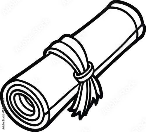 Black and white illustration of a rolled up document tied with a ribbon