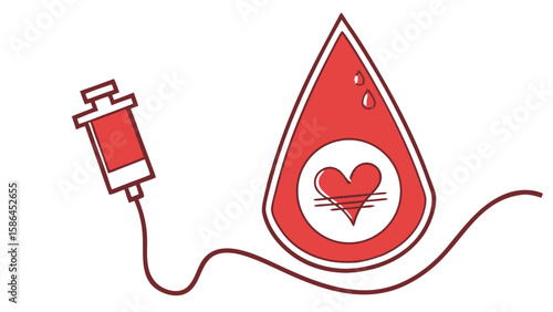 Illustration of a blood drop with a heart inside connected to a syringe with a line design vreated with genrated ai