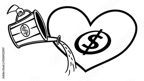 Watering can pouring money into heart with dollar sign representing financial growth and love for money vreated with genrated ai