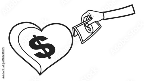 Hand giving money to heart with dollar sign in black and white outline drawing style illustration vreated with genrated ai