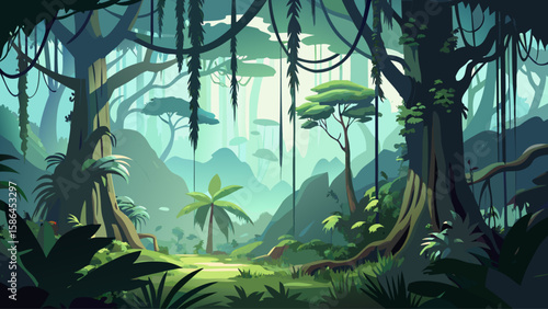 Taman Negara, Pahang, Malaysia – Dense rainforest with hanging vines and massive trees. Mist rises from the jungle floor, crafting a mysterious and immersive vector-ready tropical forest scene.