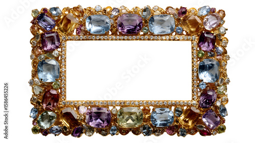Opulent golden frame showcases a dazzling display of gemstones, amethyst, topaz, and other precious colorful jewels against a sleek transparent background.