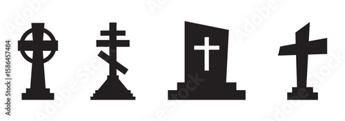 Set of tombstone icons in silhouette and outline style. Includes various gravestone shapes for cemetery, Halloween, or memorial design. Vector collection of headstone and grave icon silhouettes