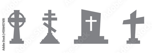 Set of tombstone icons in silhouette and outline style. Includes various gravestone shapes for cemetery, Halloween, or memorial design. Vector collection of headstone and grave icon silhouettes