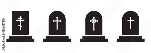 Set of tombstone icons in silhouette and outline style. Includes various gravestone shapes for cemetery, Halloween, or memorial design. Vector collection of headstone and grave icon silhouettes