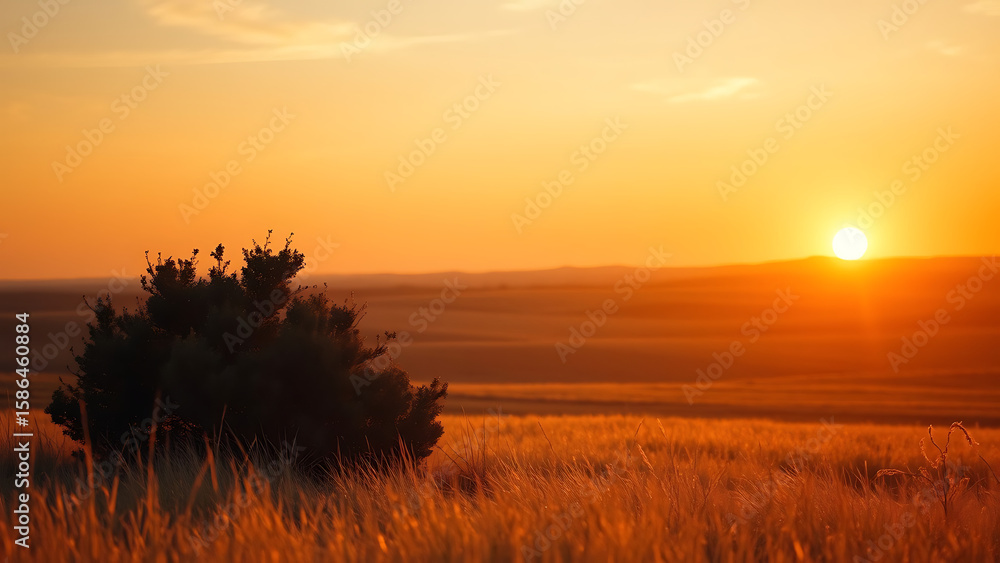 Fototapeta premium Sunset Landscape with Golden Plains and Single Bush