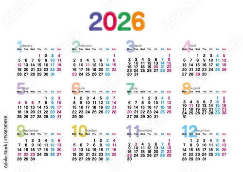 刺繍文字風の2026年の年間カレンダー 月曜始まり_横位置