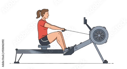 young woman exercising with rowing machine 