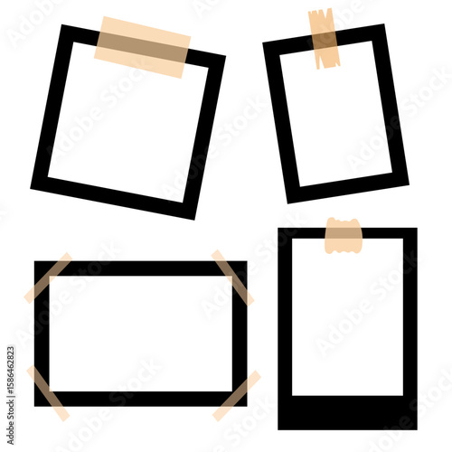 Polaroid frames with tape on white background. Photo frame templates.
