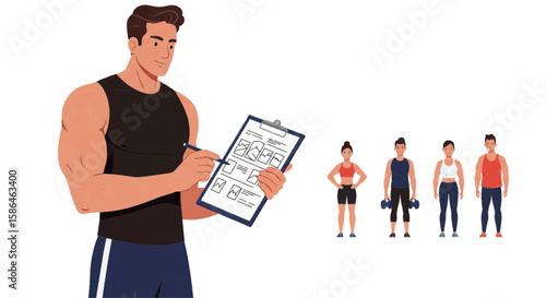 Trainer holding clipboard, instructing workout, vector