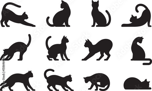 Elegant Cat Silhouettes Showcase Feline Grace and Charm in Various Poses Ideal for Design and Artistic Projects