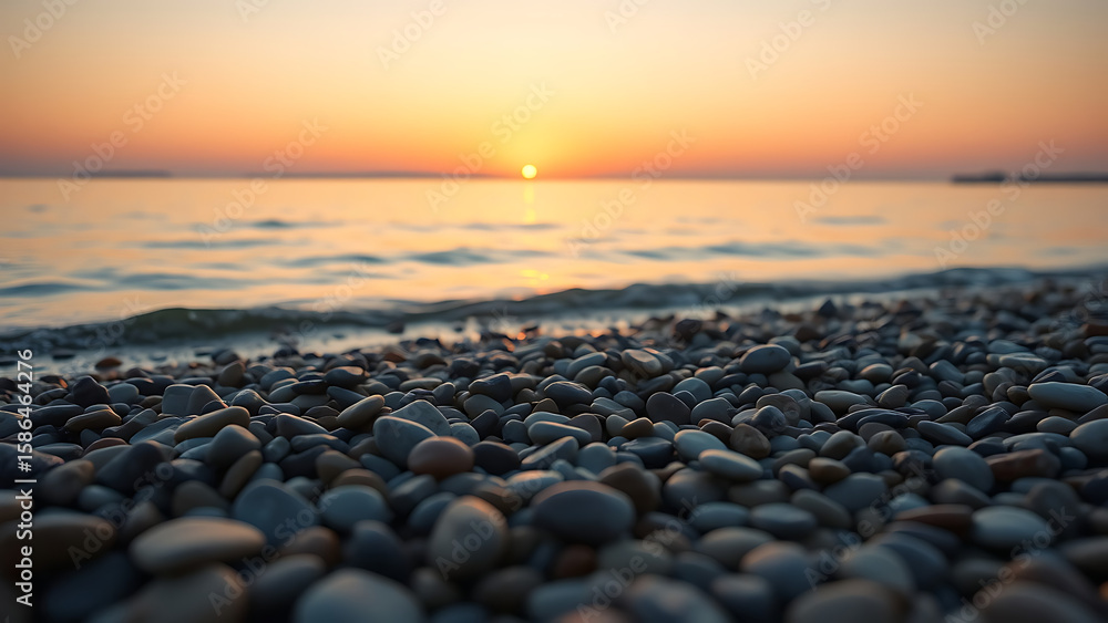 Obraz premium Smooth Pebbles on a Calm Ocean Shore at Sunset