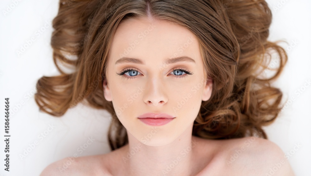 Fototapeta premium Retrato de mujer con ojos azules desde una vista superior mirando a cámara y, tumbada con el pelo extendido sobre un fondo blanco, concepto de spa, relajación y bienestar. 