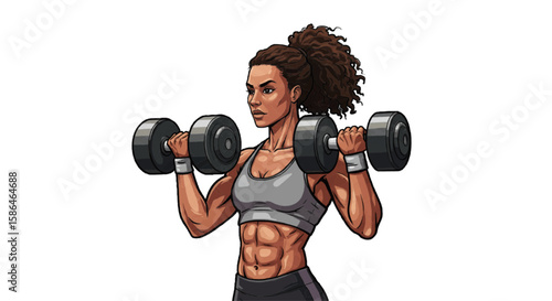 Female athlete doing dumbbell shoulder press, white background