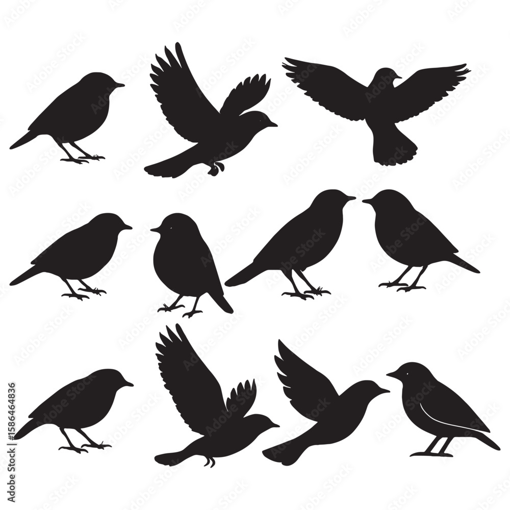 Obraz premium Elegant Silhouette Composition of Birds in Flight and Perched Presenting a Stylized Wildlife Scene with Stark Contrasts
