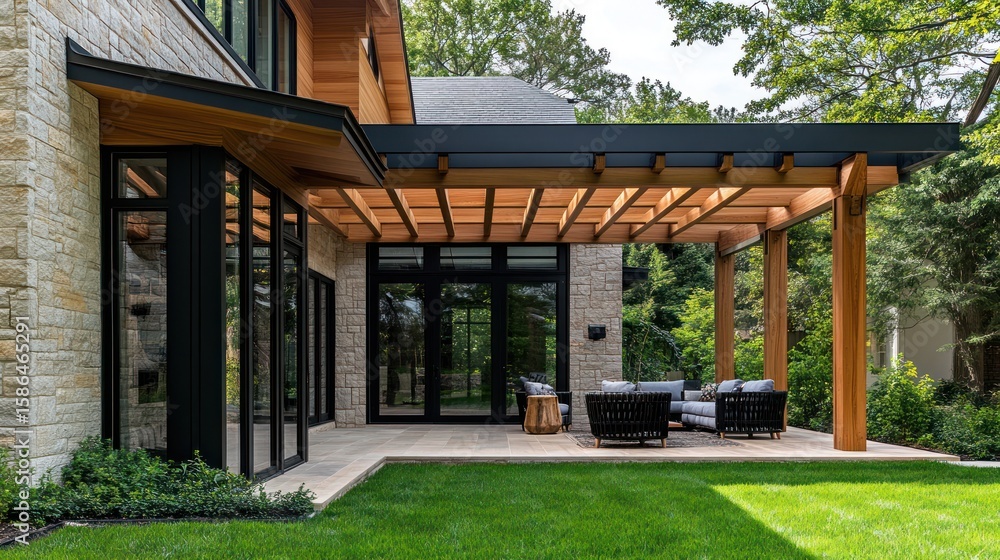 Modern home exterior featuring patio with wooden pergola and elegant outdoor seating Modern home exterior featuring patio with wooden pergola and elegant outdoor seating