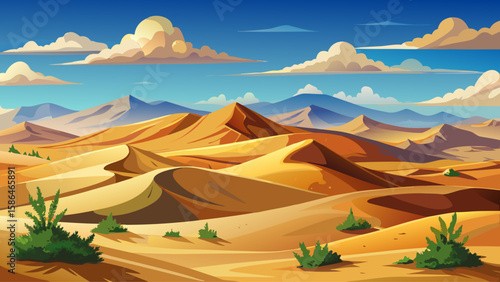 Gobi Desert, Ömnögovi, Mongolia – Rolling sand dunes stretch endlessly beneath a wide sky. Occasional shrubs and  add character to this vast, peaceful landscape for dramatic vector art