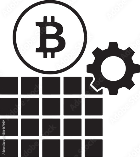 Bitcoin Mining Concept with Gear and Grid in Black and White.