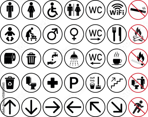 Set of Washroom, Restroom, Bathroom, Mother Baby Room Signs. Disabled, Male, Female Icons Printable sticker Vector Illustration