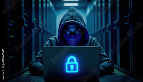 Cybersecurity threat concept featuring a hooded hacker working on a laptop in a server room, symbolizing data breaches, cyber attacks, and network infiltration.