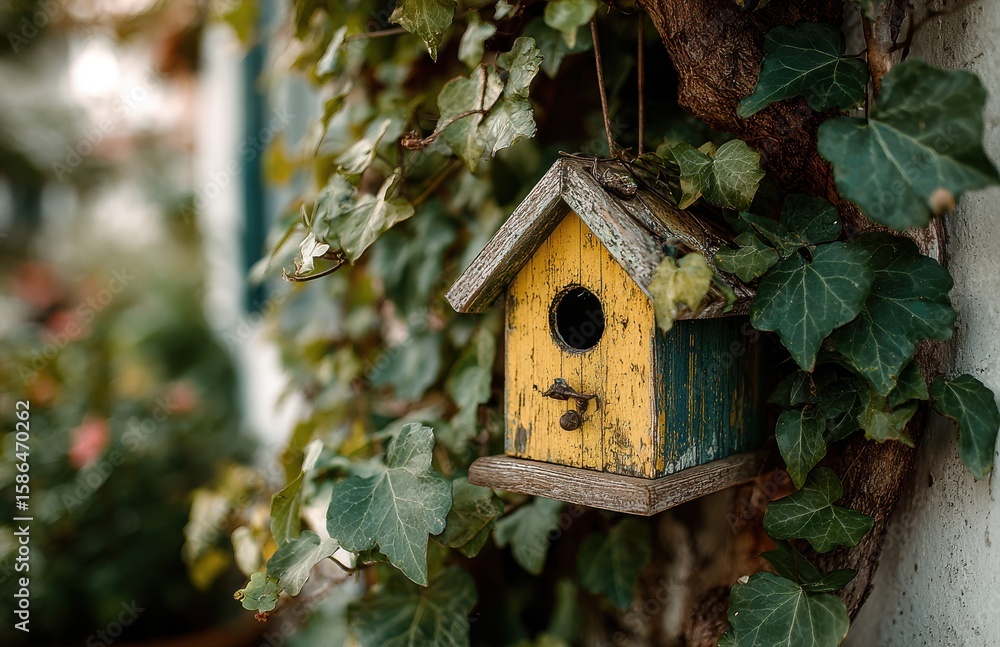 Yellow and green birdhouse hanging on ivy covered wall Yellow and green birdhouse hanging on ivy covered wall