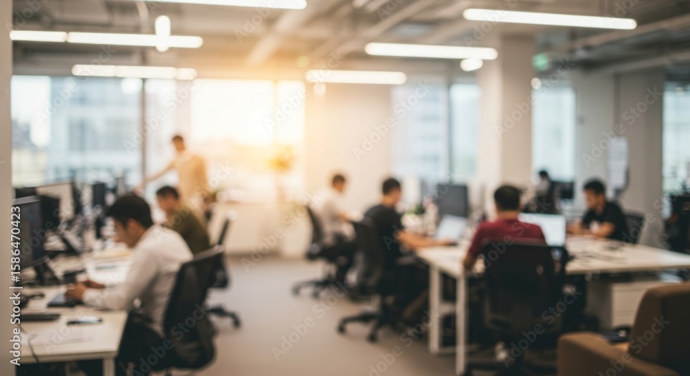 Fototapeta premium Blurred modern office interior with employees working at computers