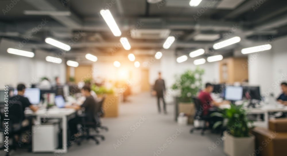 Fototapeta premium Blurred modern office interior with people working at desks and natural light