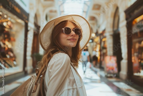 Fototapeta Naklejka Na Ścianę i Meble -  Young woman wearing sunglasses and hat walking in galleria vittorio emanuele ii shopping mall in milan, italy