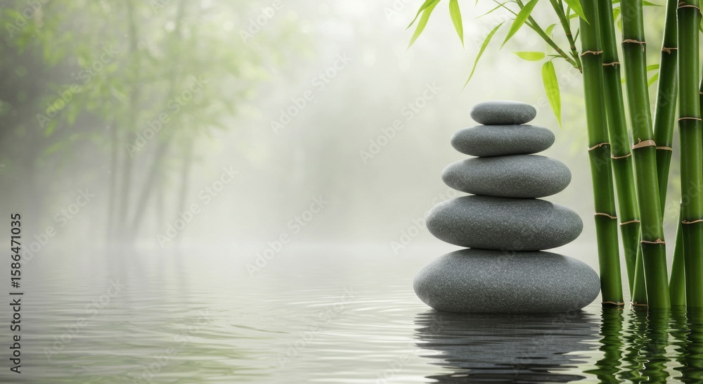 Zen balance stacked stones and bamboo serenity by calm water Zen balance stacked stones and bamboo serenity by calm water