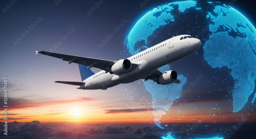 Naklejka premium An airplane soars into the sunset with a digital globe in the background, representing global travel
