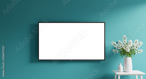 A blank television screen on a blue wall with flowers on a white table near it