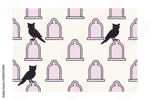 Cats with green eyes perched on pink tombstones Pattern on cream vector