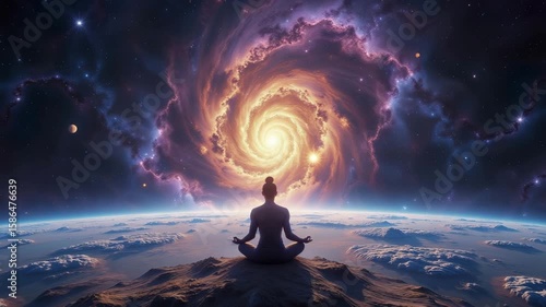 Buddha God Meditating on another planet with surreal cloudscape and cosmic portal to another dimension and realm of gods, fantasy background