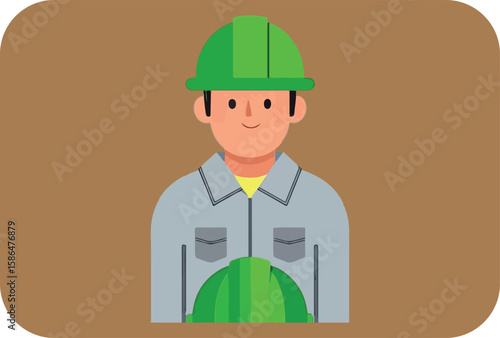 A friendly cartoon construction worker wearing a green hard hat and a light blue work uniform with a yellow shirt underneath presented in a simple flat design style