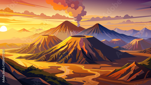 Mount Bromo, East Java, Indonesia – Smoke rises gently from Mount Bromo’s crater at sunrise. Golden light washes over the volcanic valley, creating a mystical vector landscape of raw natural power.
