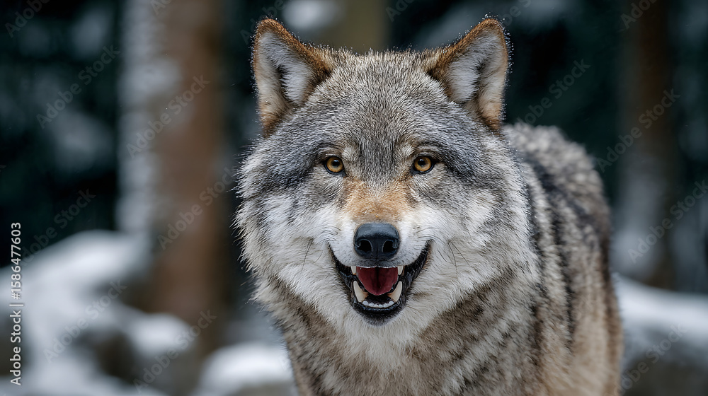 Fototapeta premium A wolf is staring at the camera with its mouth open