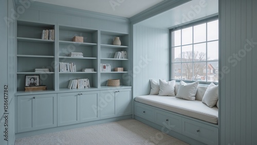 Wallpaper Mural Serene blue reading nook with built in bookshelves and window seat in a cozy living room Torontodigital.ca