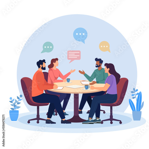 Flat vector illustration of a diverse business team having a discussion around a round table. People sharing ideas, working with documents and coffee. Modern teamwork, communication, collaboration