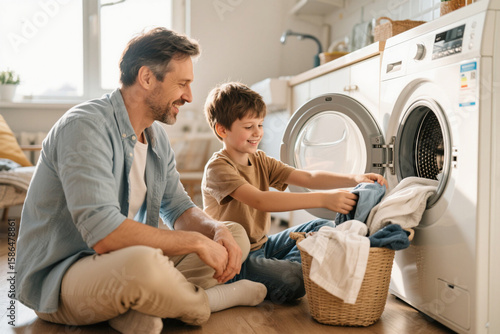 Father and Son Doing Laundry: A Bonding Moment