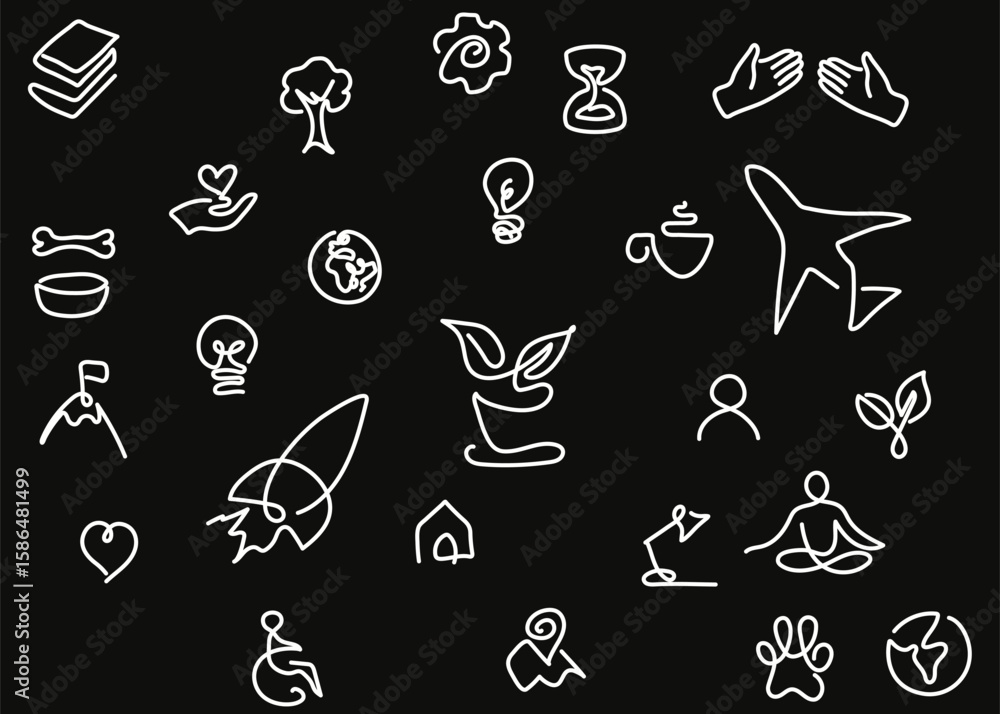 Fototapeta premium Set of Minimalist Line Icons in Bubble Style on Black Background
