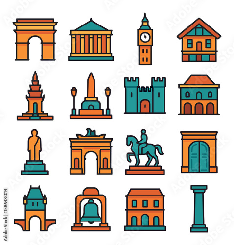 Iconic landmark icon collection. simple linear styles of cities, monuments, statues, buildings