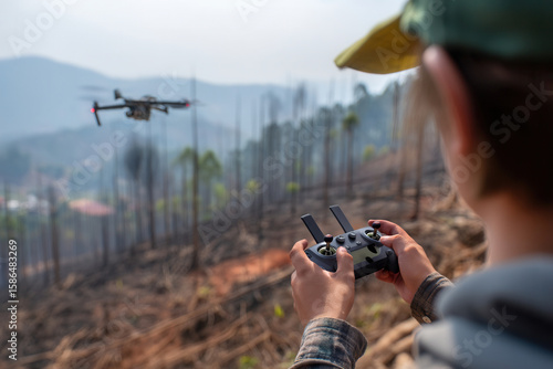 Teen flying a drone over burned forest slope after wildfire. Scene shows environmental destruction, disaster monitoring and tech use in climate damage reporting