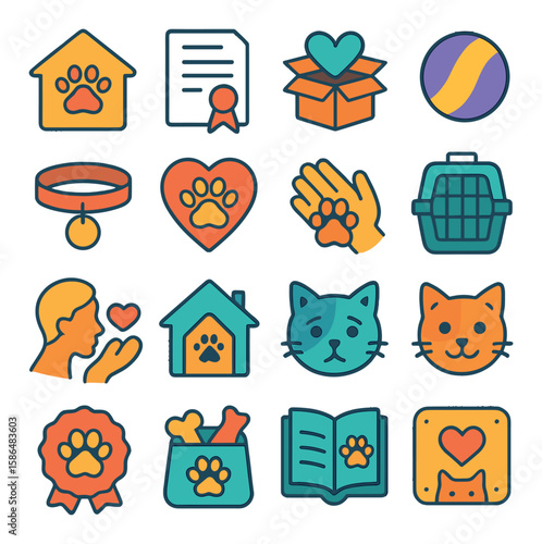 Pet adoption icon collection. simple adopting pet linear icons. cat, dog, heart, shelter, certificate, care