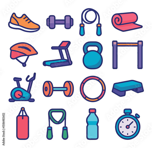 Fitness equipment icon collection. modern flat style. shoe, dumbbell, rope, mat, kettle, timer