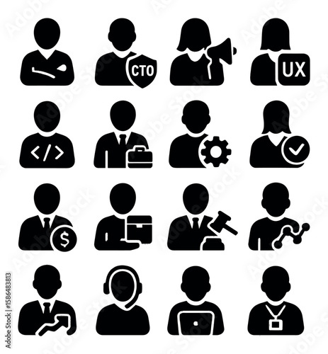 Team role icon collection. business team silhouette icons. developer, manager, cto, ux, engineer, analyst