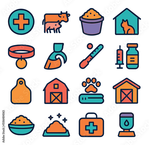 Animal health icon collection. veterinary, pet care, medicine, barns, feeding, linear