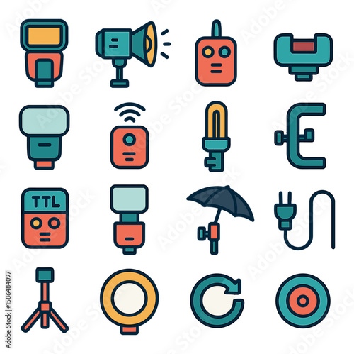 Photography flash icon collection: simple photography gear, light, umbrella, tripod linear